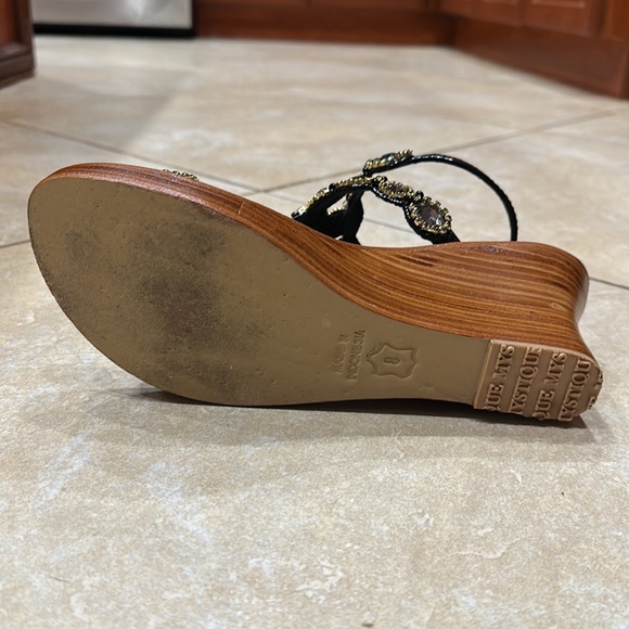 Mystique Wedge Sandals in patent Black with clear stones and gold accents. - Picture 7 of 8